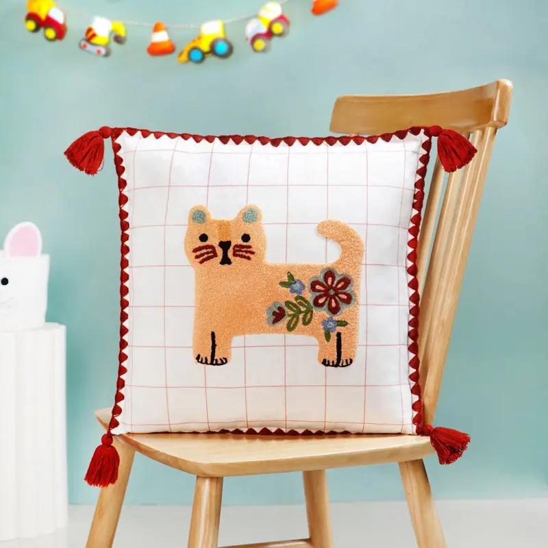 Floral Cat Motif Cushion Cover – Artfully Embroidered Cotton With Tassels (42X42 Cm) 1
