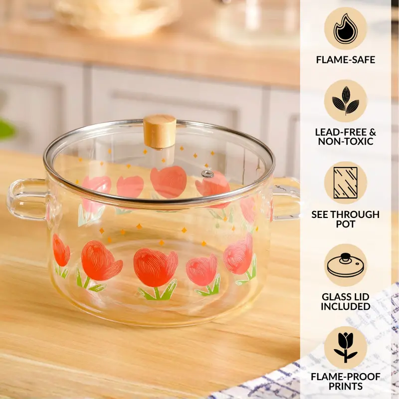 Floral-Design Flame-Safe Glass Cooking Pot With Lid – 3.2L 1