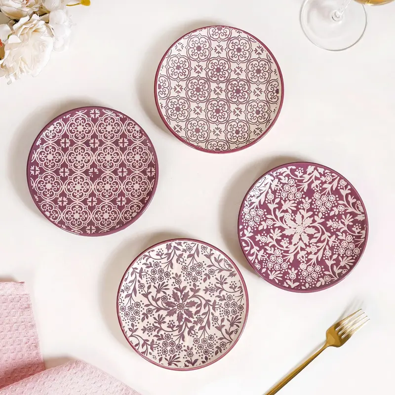 Floral Dessert Plate Set (4-Piece, White & Mauve, 15Cm Diameter) 1