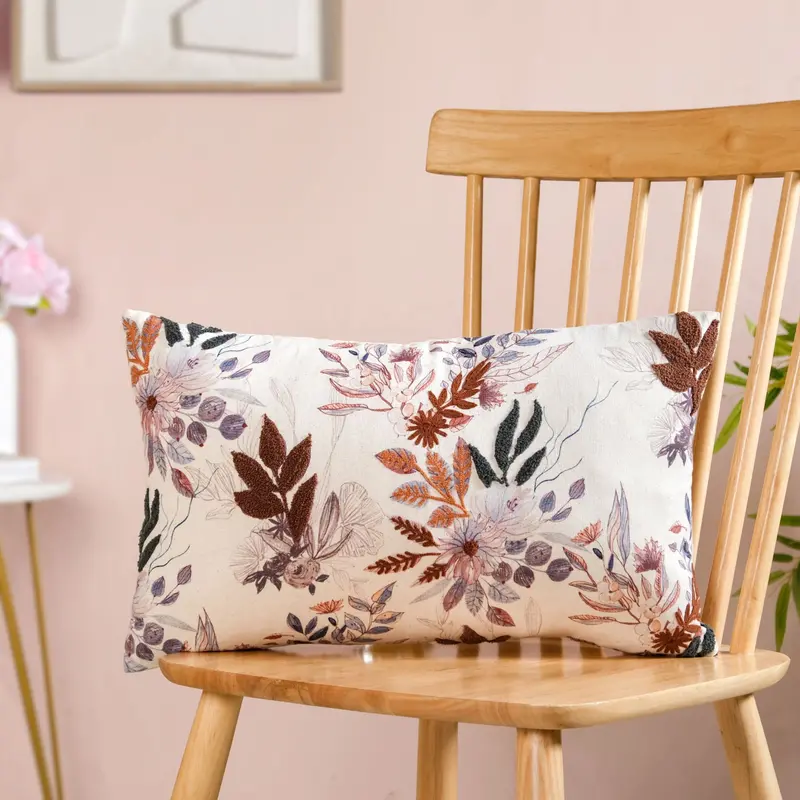 Floral Meadow Embroidered Cotton Cushion Cover – 50X30 Cm 1