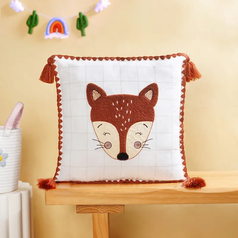 Fox Embroidered Cotton Cushion Cover For Kids (42X42Cm) 1