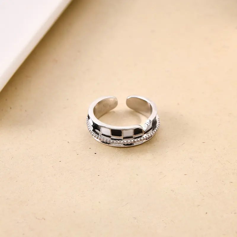 Geometric Checkered Silver Statement Ring 1