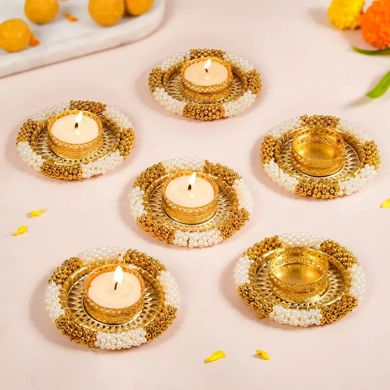 Gold-Beaded Tealight Holders In Teal – Decorative Set Of 6 1
