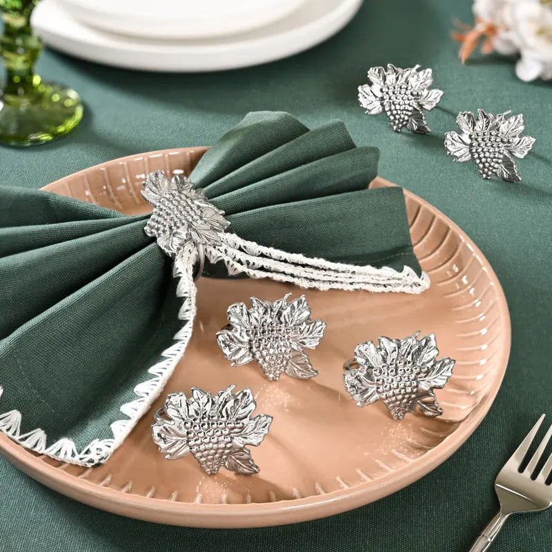 Grapes-Motif Pure Brass Napkin Rings – Set Of 6 (Silver Tone) 1