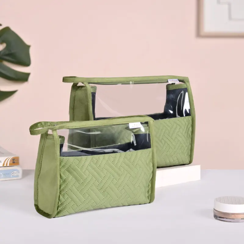 Green Velvet Transparent Travel Pouch Set – 2-Pack 1