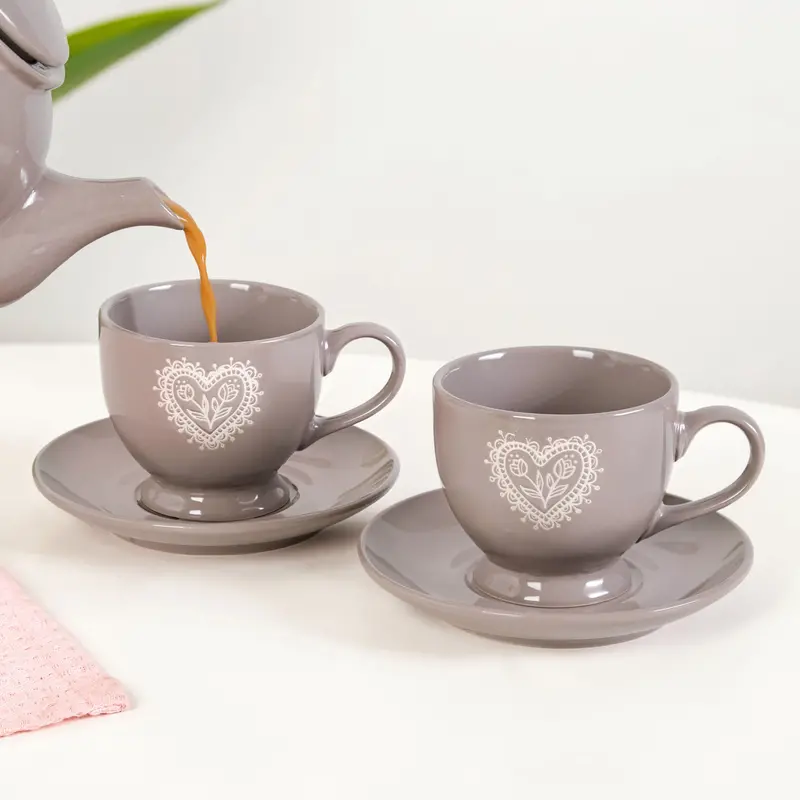 Grey Ceramic Tea Cup And Saucer Set (2-Piece, 200Ml) 1