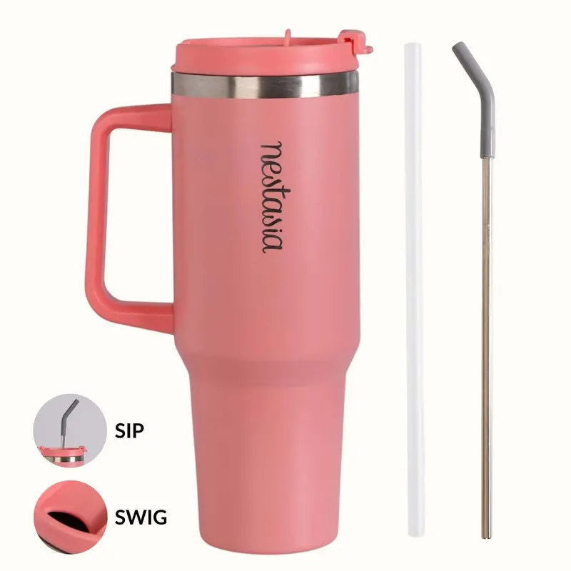 Gripsip 40-Ounce Insulated Tumbler – Living Coral Finish, Side-Handle Grip, 1200Ml 1