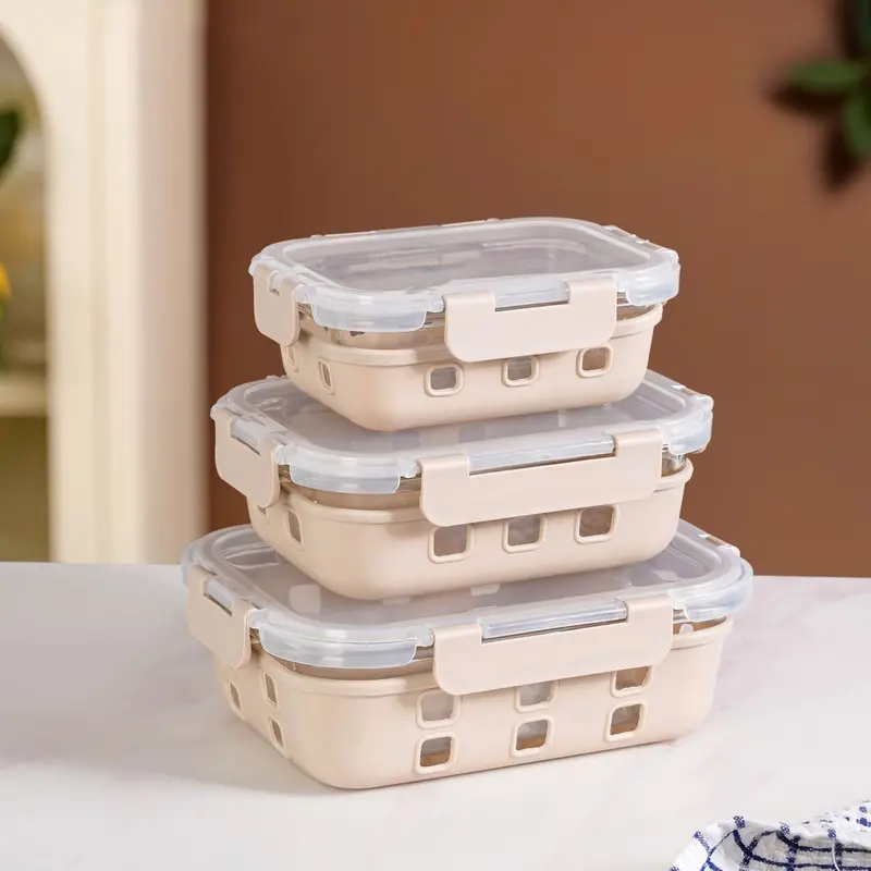 Gripso Silicone-Sleeve Food Storage Containers – 3-Piece Beige Set (370Ml, 600Ml, 1000Ml) 1