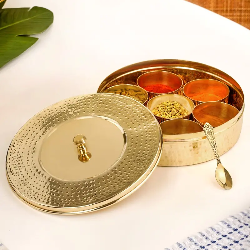 Hand-Hammered Pure Brass Masala Dabba Set With Spoon 1