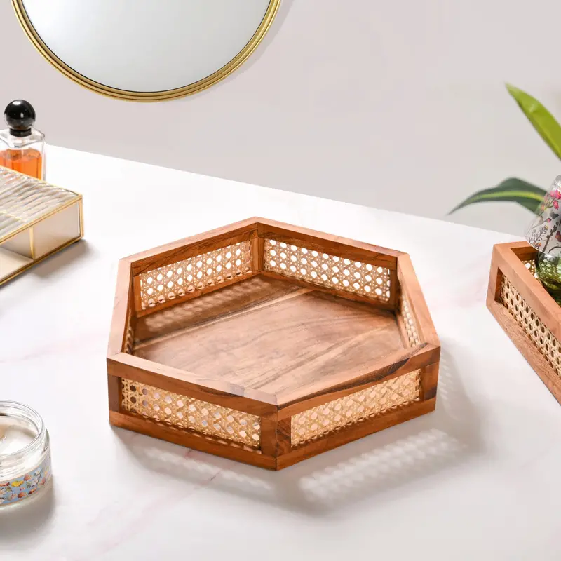 Hexagonal Acacia Wood Tray With Rattan Cane Accents 1