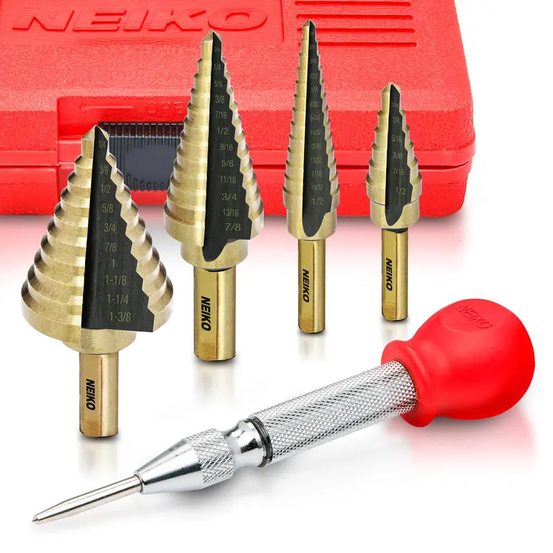Hss Step Drill Bit & Automatic Center Punch Combo — 41 Sae Sizes, 6-Piece Kit 1