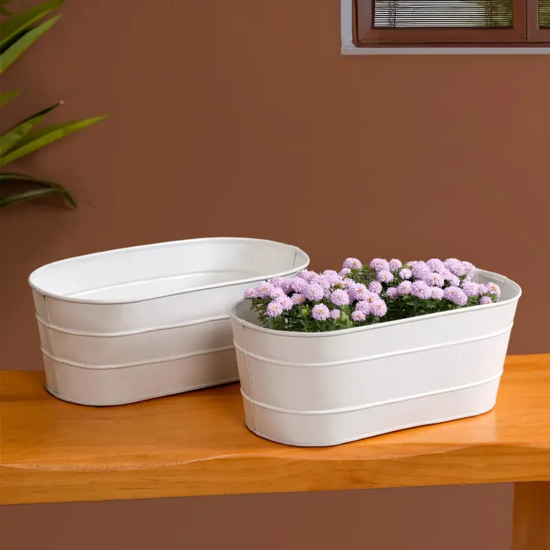 Ivory Minimalist Oval Plant Holders – Lined Trough-Style Set Of 2 1
