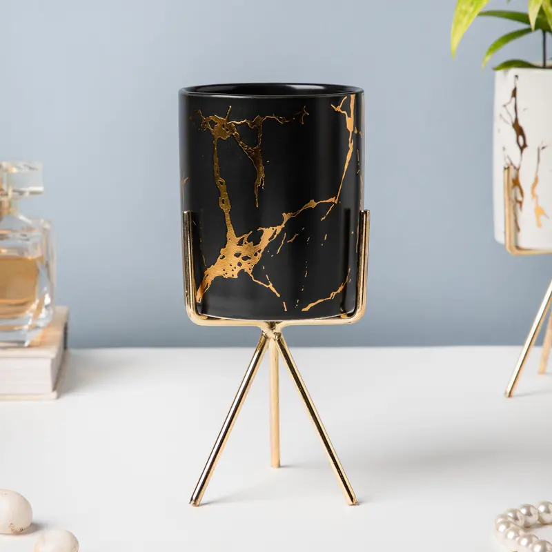 Large Black Marble-Finish Planter With Stand 1