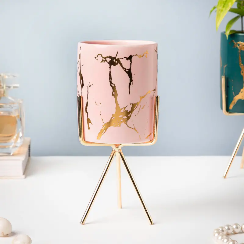 Large Pink Marble-Inspired Planter With Stand 1