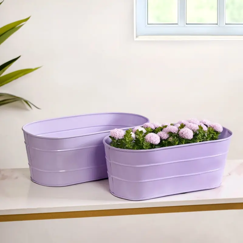 Lavender Oval Plant Holders – Textured Lined Trough Set Of 2 1