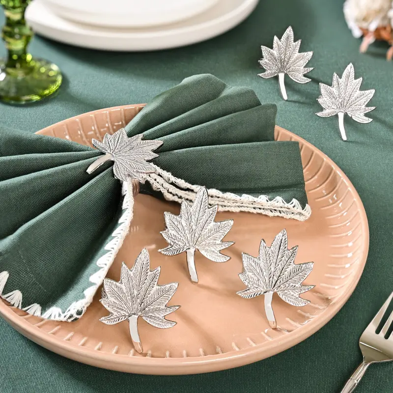 Leaf-Inspired Pure Brass Napkin Rings – Set Of 6 (Silver Finish) 1