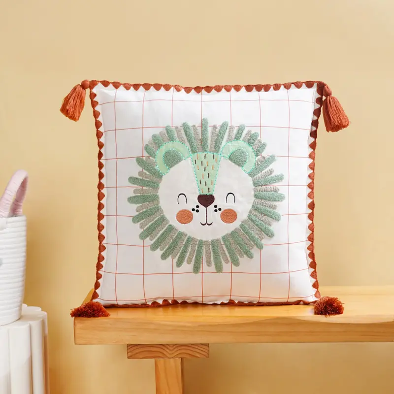 Lion Embroidered Cotton Cushion Cover For Kids (42X42Cm) 1