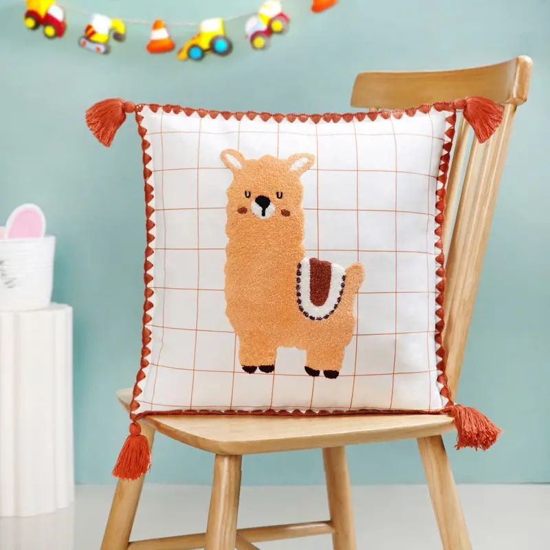 Llama-Themed Embroidered Cushion Cover – Soft Cotton With Decorative Tassels (42X42 Cm) 1
