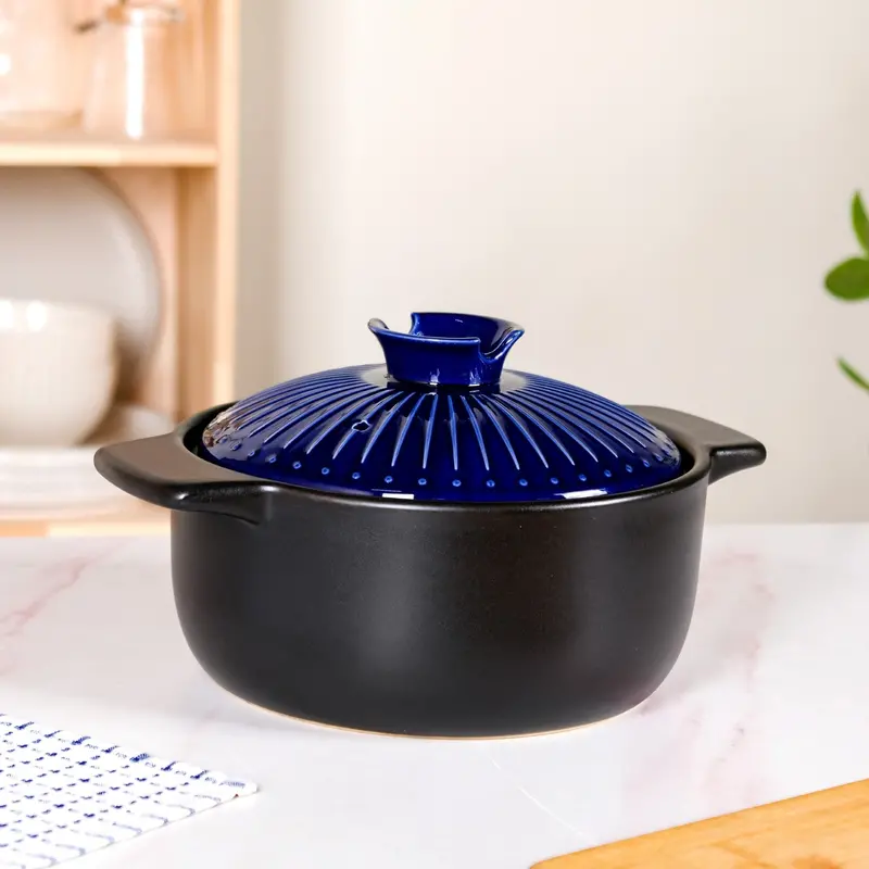 Lumea Ribbed Blue Ceramic Cooking Pot – 3.5L Modern Flame-Safe Casserole 1