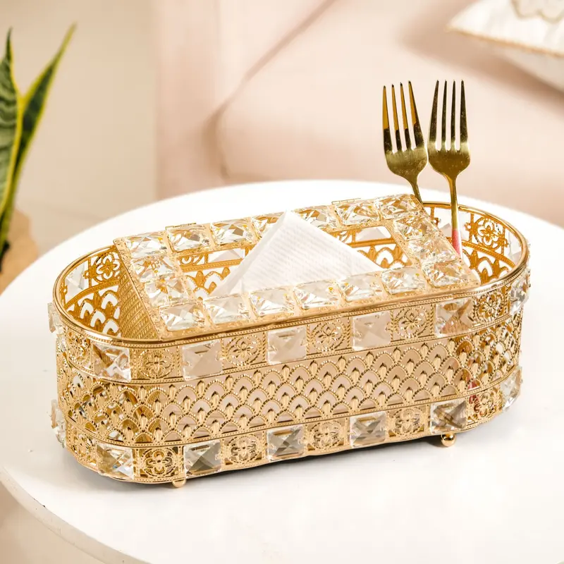 Luxe Gold Tissue Box Organizer With Multi-Compartment Design 1