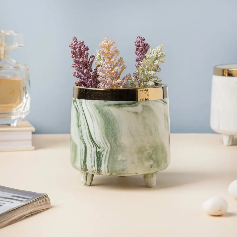 Luxe Green Marble Ceramic Planter With Legs 1