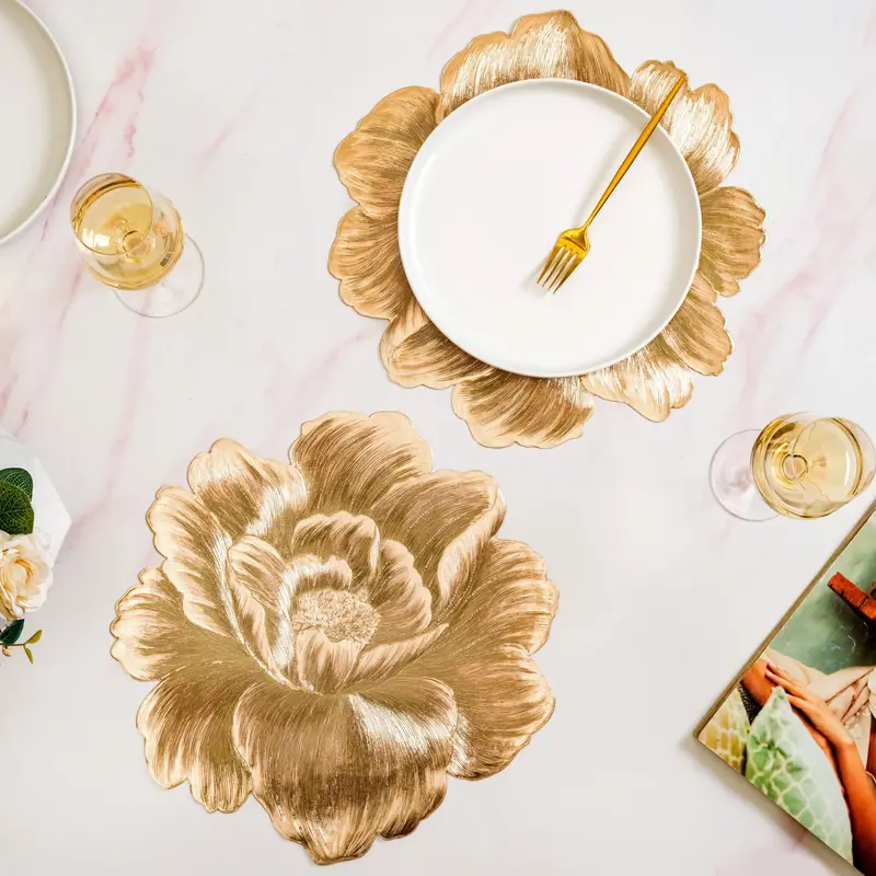 Luxe Peony Bloom Gold Placemats – Set Of 6 Elegant Floral Table Protection 1