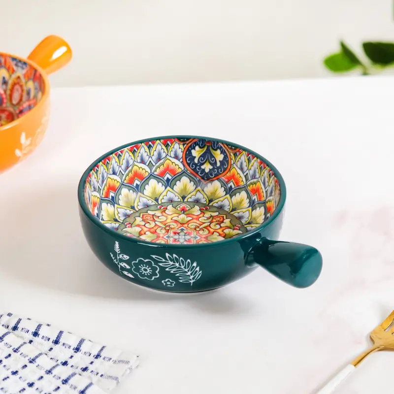 Mandala-Inspired Ceramic Dish Bowl With Handle – 600Ml, Forest Green 1