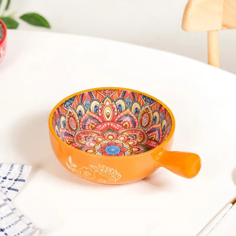 Mandala Melange Ceramic Bowl With Handle – Sunny Yellow Finish, 600Ml 1