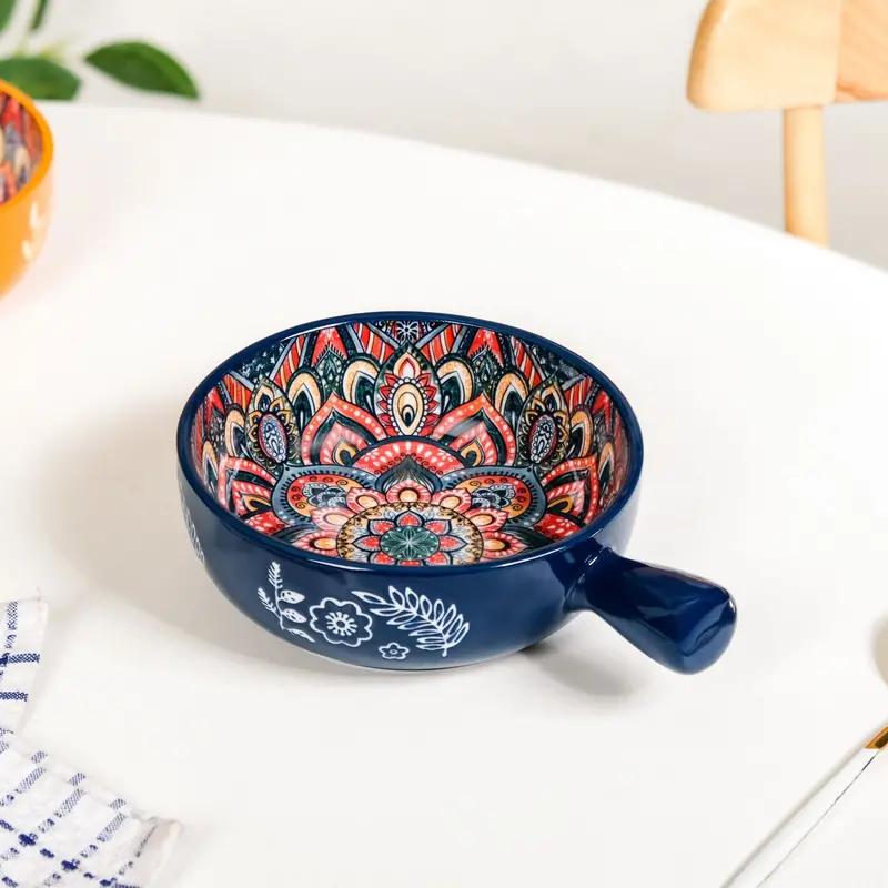 Mandala Melange Ceramic Serving Bowl With Handle – Deep Blue, 600Ml 1