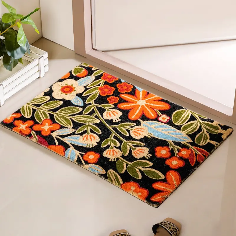 Matte Black Coir Mat With Subtle Floral Embossing – 36X24 Inches 1