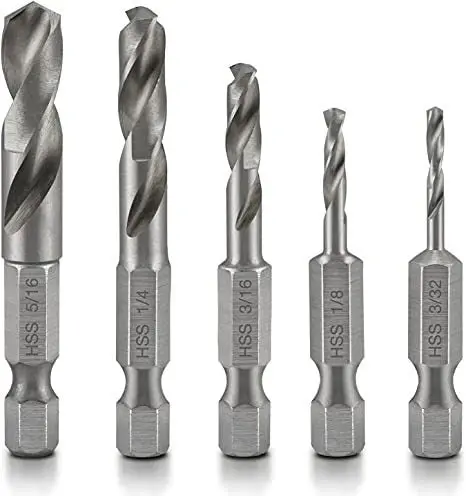 Metal-Cutting Stubby Drill Bit Set — 1/4" Quick-Change Hex Shank, Compact Profile (5-Pc) 1