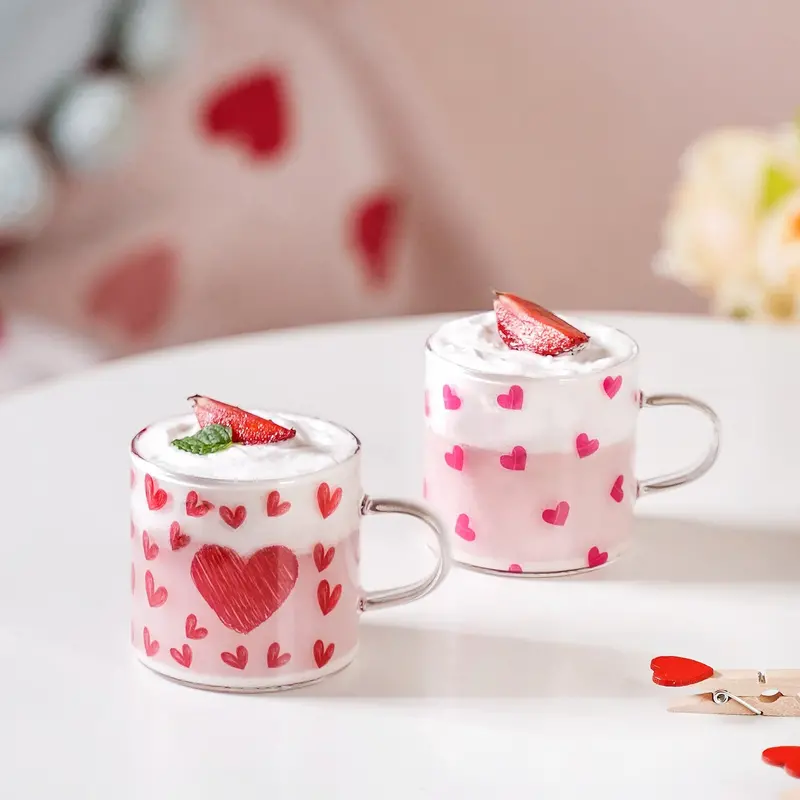 Mini Heart-Printed Glass Cup Set (2 Pcs, 140Ml) 1