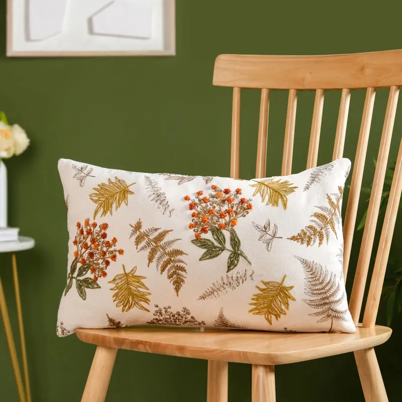 Minimalist Floral Embroidered Slub Cotton Cushion Cover – 50X30 Cm 1