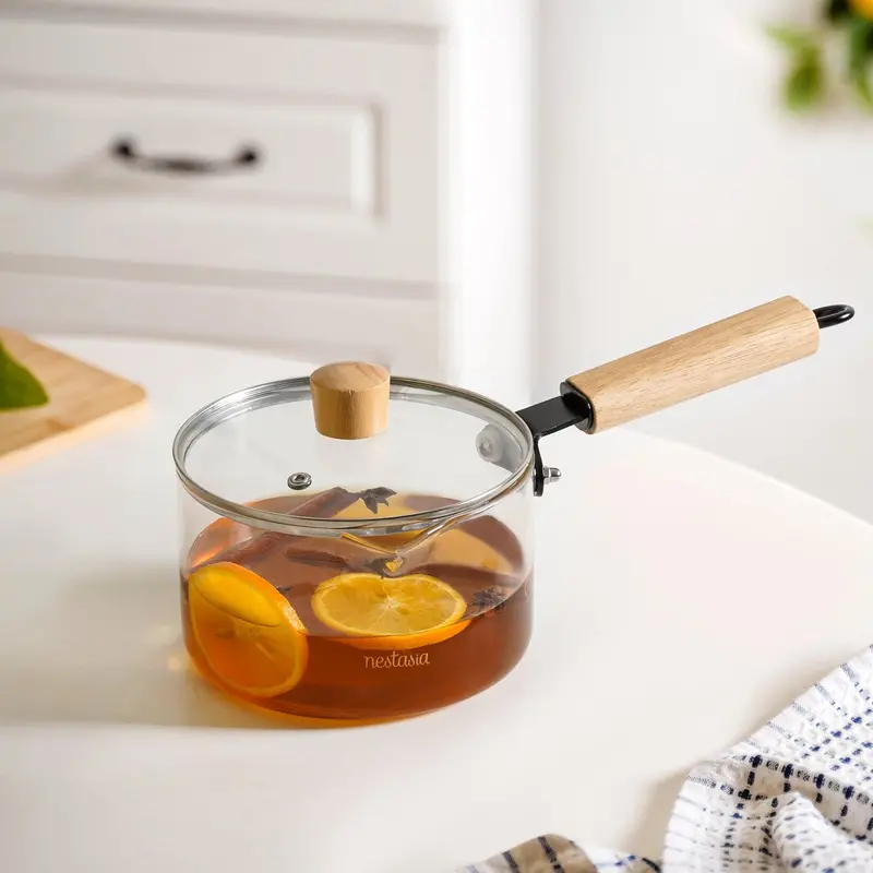 Minimalist Glass Saucepan With Wooden Handle & Lid – 1.8L 1