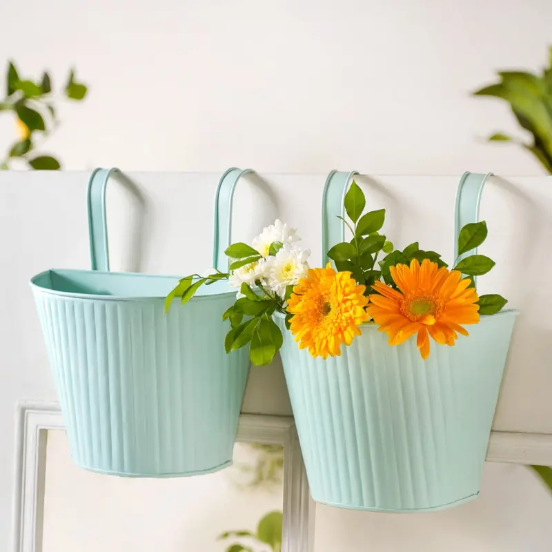 Mint Ribbed Balcony Hanging Planters – Modern Two-Unit Set For Small Spaces 1