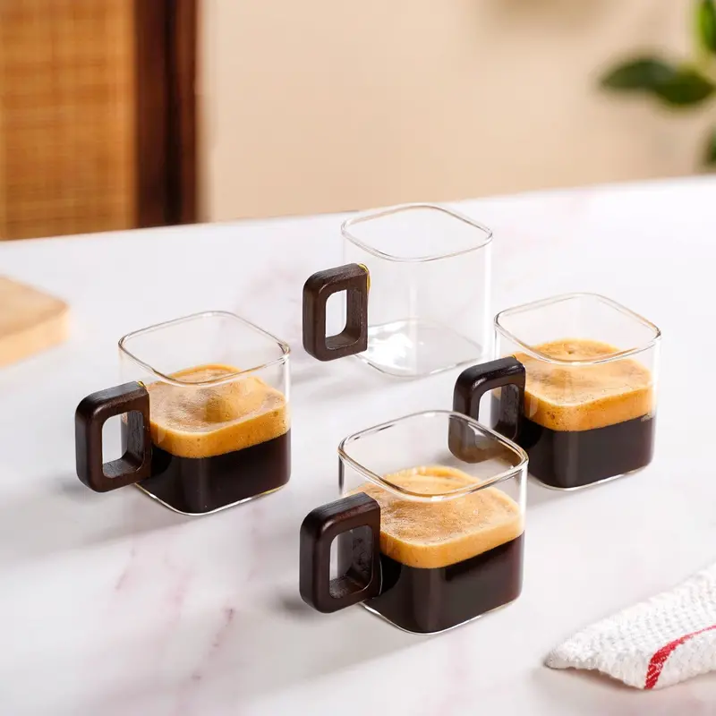 Modern Square Glass Mugs With Natural Wood Handles – Set Of 4, 200Ml 1