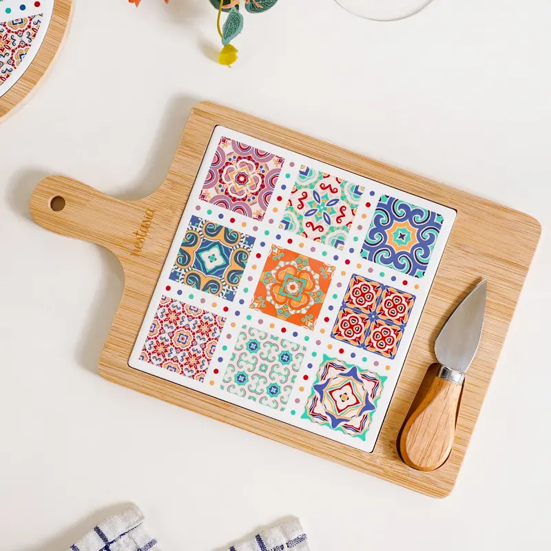 Moroccan Rectangle Cheeseboard – Solid Wood Board With Stainless Steel Knife (29X17 Cm) 1