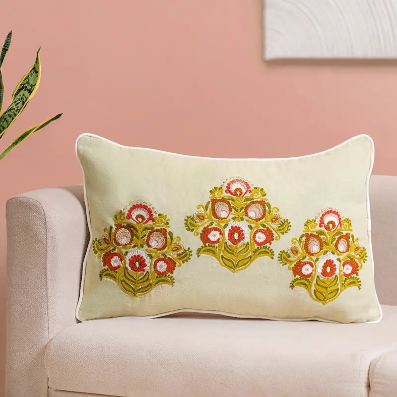 Motif-Embroidered Cotton Canvas Cushion Cover (50X30 Cm) 1