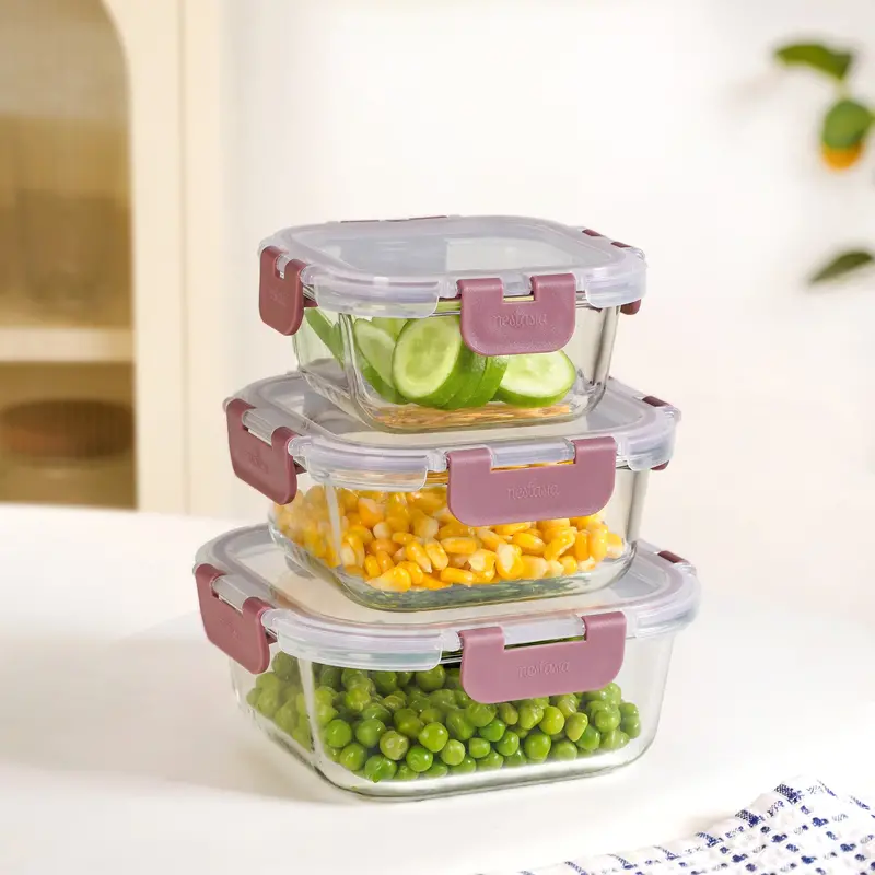 Nestro Dusty Pink Square Clip-Lock Container Set (3 Sizes: 300Ml–800Ml) 1