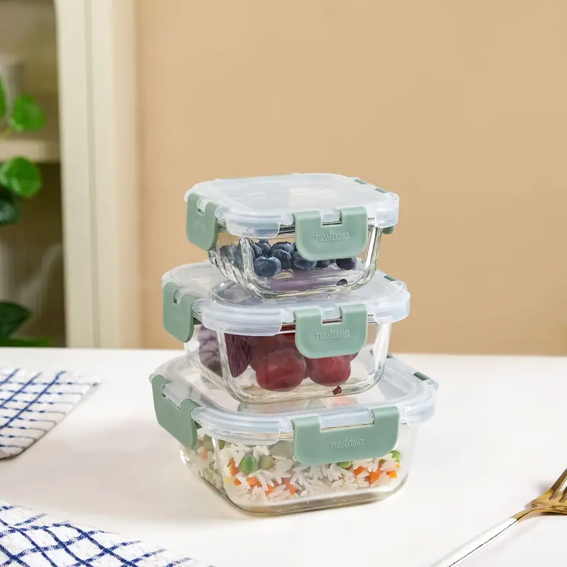 Nestro Glass Square Leakproof Food Containers (3 Sizes: 160Ml–500Ml, Sage Green) 1