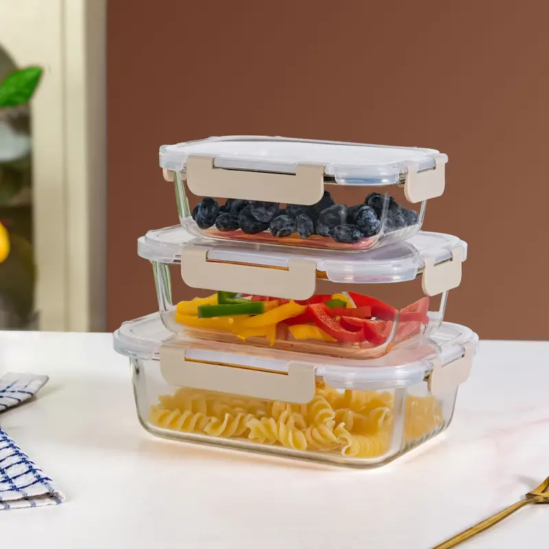 Nestro Leakproof Rectangular Food Storage Set – 3-Piece Beige (S–L) 1