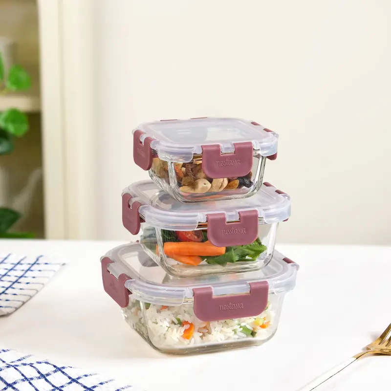 Nestro Magenta Square Airtight Food Storage Set (3 Pieces: 160Ml–500Ml) 1