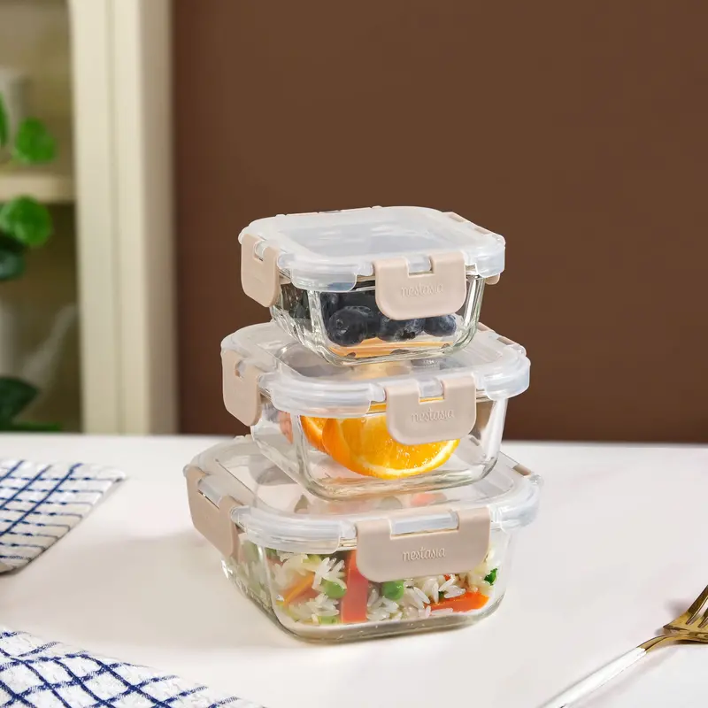 Nestro Square Beige Airtight Food Storage Set (3 Sizes: 160Ml–500Ml) 1