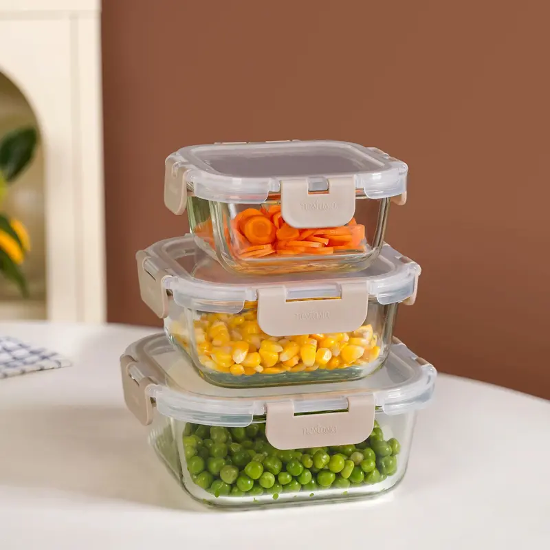 Nestro Square Beige Airtight Locking Container Set (3 Sizes: 300Ml–800Ml) 1
