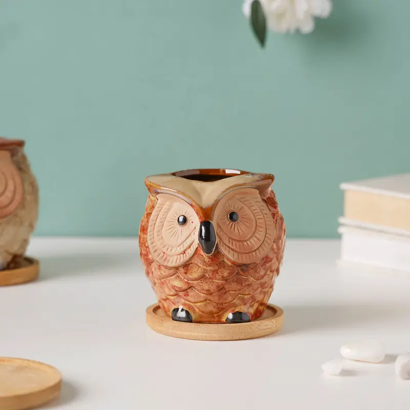 Orange Ceramic Owl Planter Set With Wooden Coaster 1