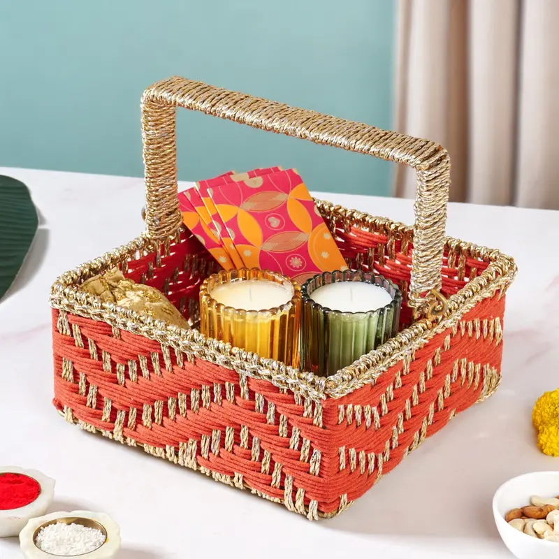Orange Handwoven Decorative Gift Basket With Carry Handle 1
