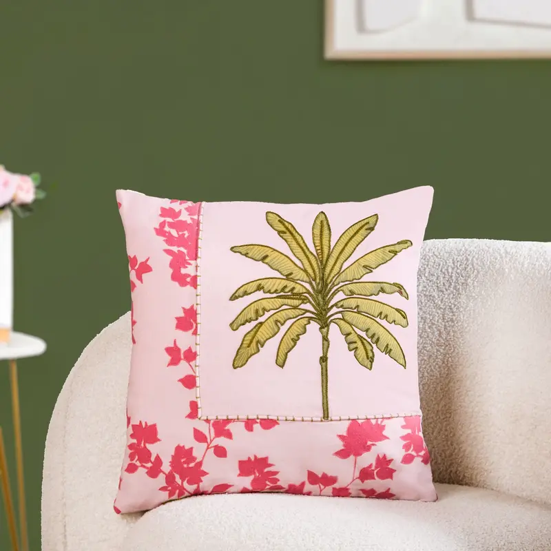Palm & Charm Cotton Cushion Cover – 40X40Cm Hand-Embroidered Accent Pillow Sleeve 1