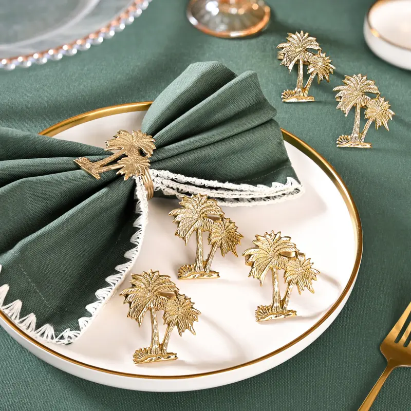 Palm Tree-Design Pure Brass Napkin Rings – Set Of 6 1