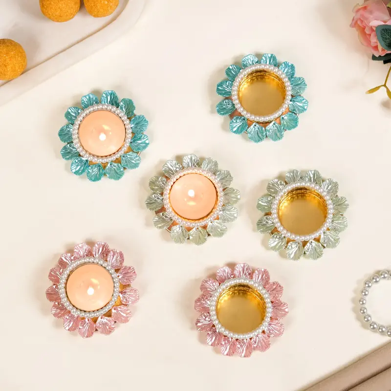 Pastel Bloom Tea Light Holder Set – Six-Piece Festive Arrangement For Tables Or Mantels 1