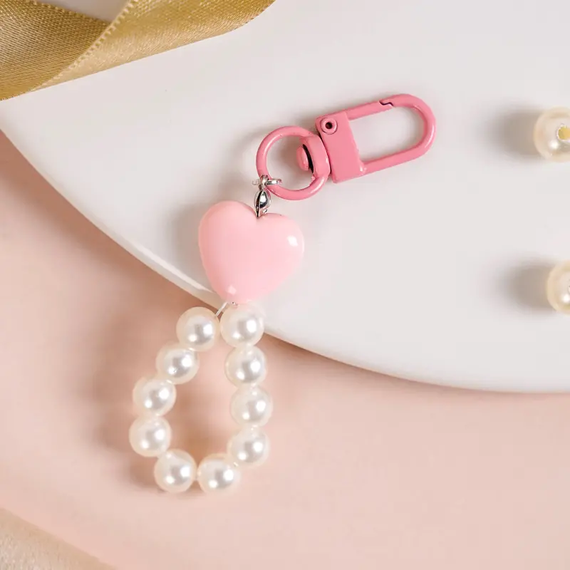 Pearl-Embellished Pink Heart Keychain 1